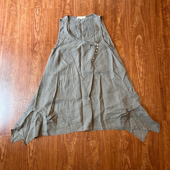 Vintage Yea Linen Asymmetrical Scoop Neck Linen Tunic MIDI Dress Olive Green - Picture 1 of 7
